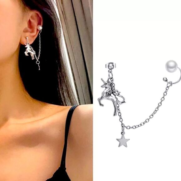 Silver Star Unicorn Hanging Chain Pearl Ear Cuff Post Earring NEW - Picture 1 of 2